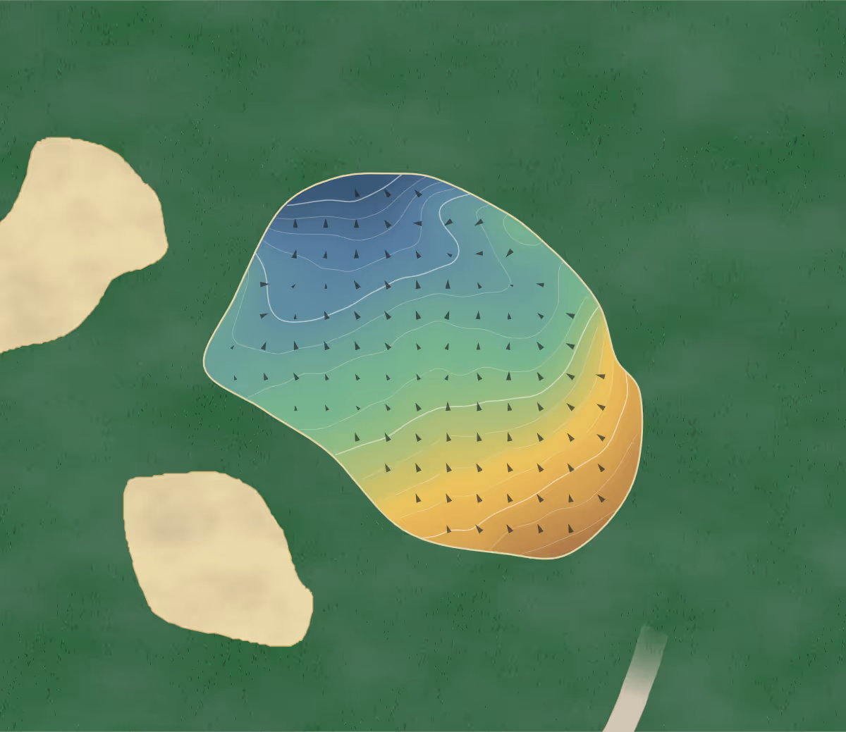 Green contour map of Moseley in Birmingham, England — 15 elevation contours at a 8-centimeter interval with fall-line arrows, traced from 1-meter lidar