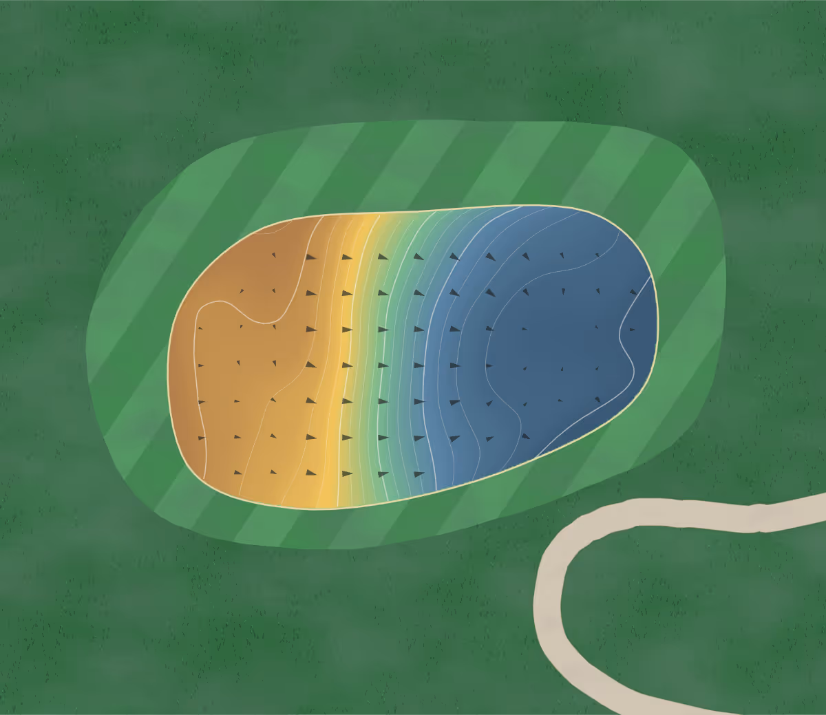 Green contour map of Moss Creek Golf Club in Winamac, Indiana — 109 elevation contours at a 3-inch interval with fall-line arrows, traced from 1-meter lidar
