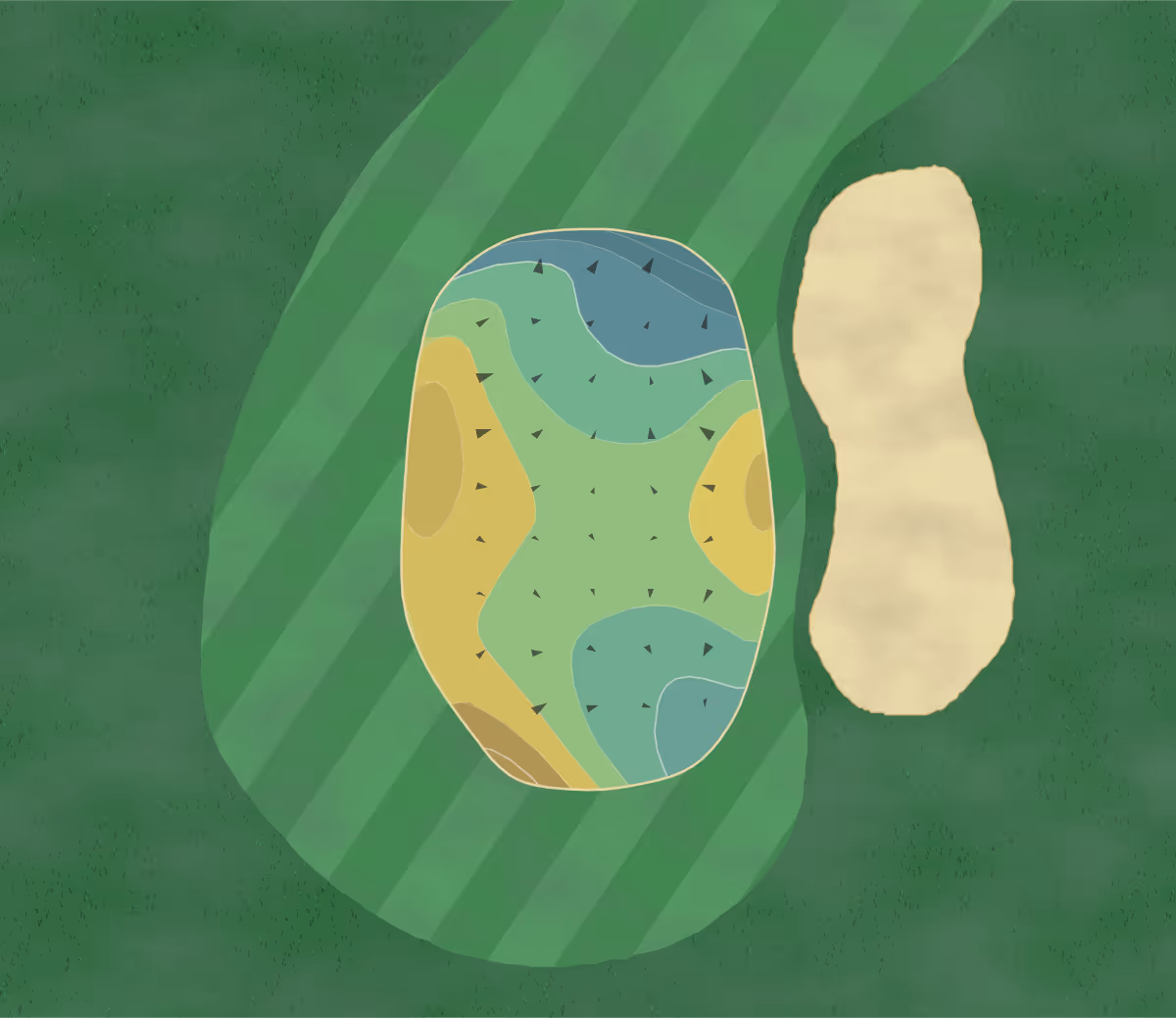 Green contour map of Moss Creek South in Hilton Head Island, South Carolina — 126 elevation contours at a 3-inch interval with fall-line arrows, traced from 1-meter lidar