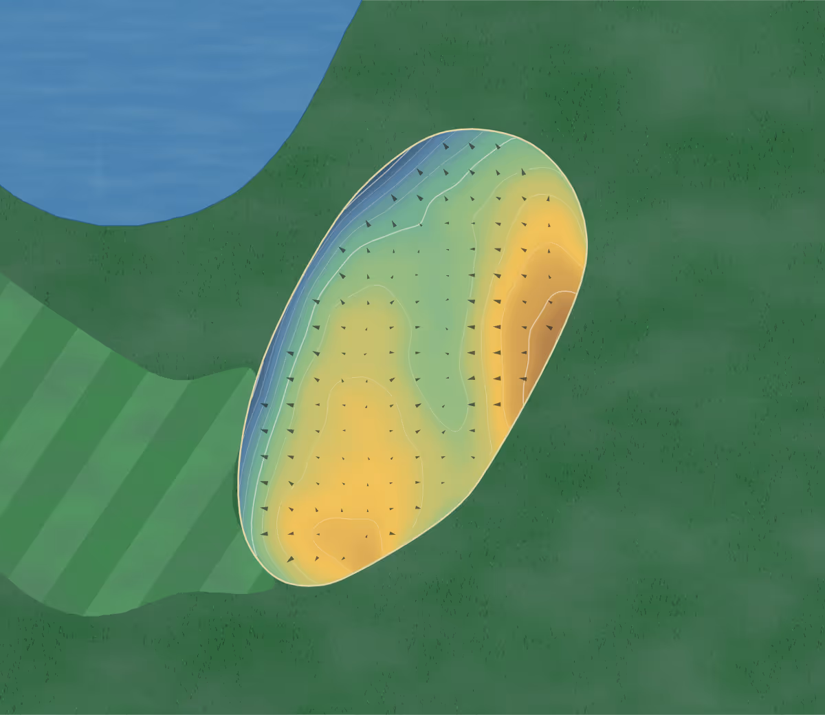 Green contour map of Moss Ridge in Ravenna, Michigan: 145 elevation contours at a 3-inch interval with fall-line arrows, traced from 1-meter lidar