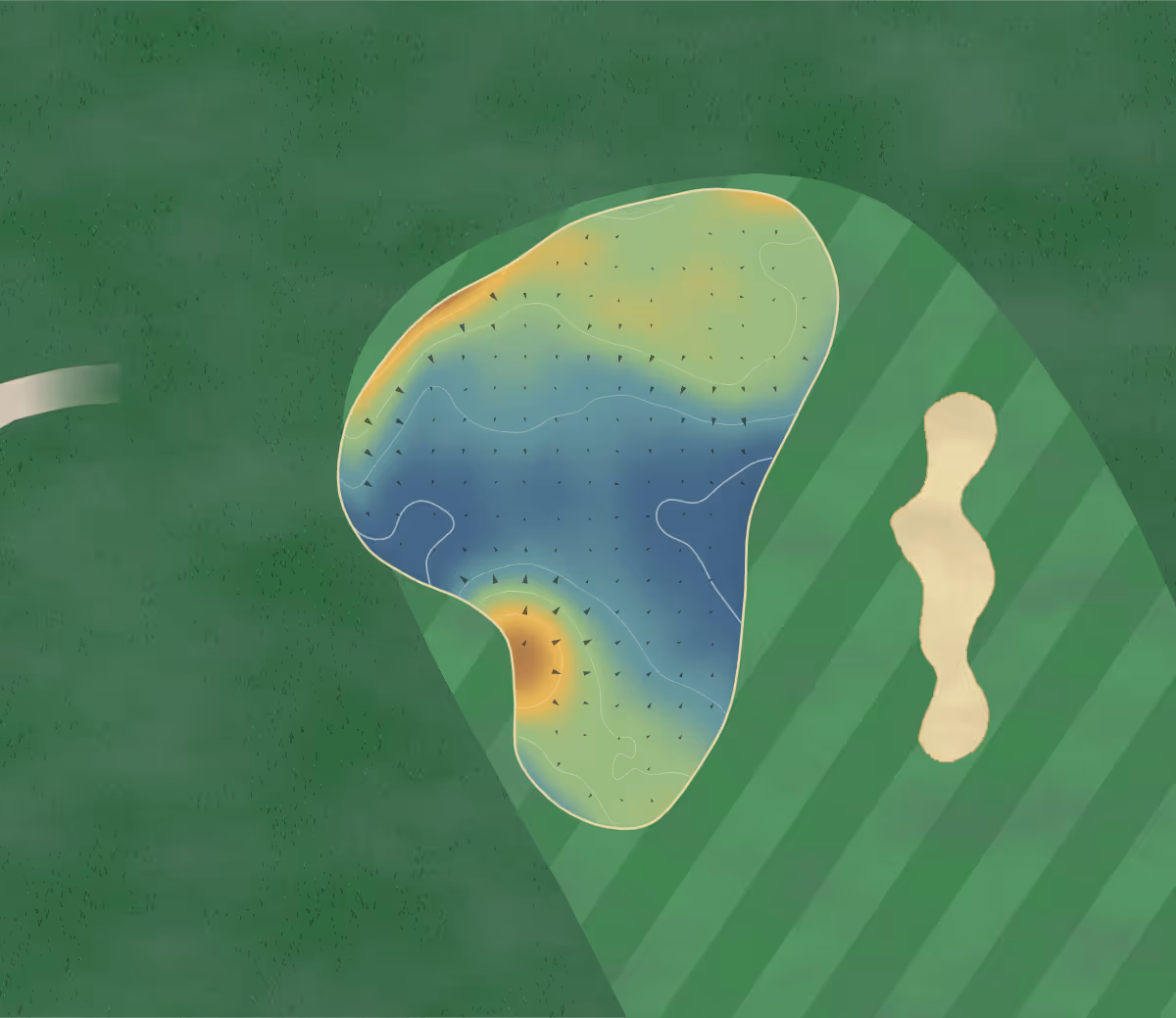 Green contour map of Mottram Hall in Prestbury, England — 4 elevation contours at a 8-centimeter interval with fall-line arrows, traced from 1-meter lidar