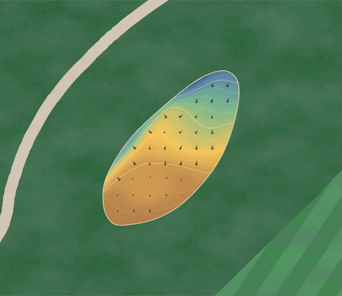 Green contour map of Moundbuilders in Newark, Ohio: 128 elevation contours at a 3-inch interval with fall-line arrows, traced from 1-meter lidar