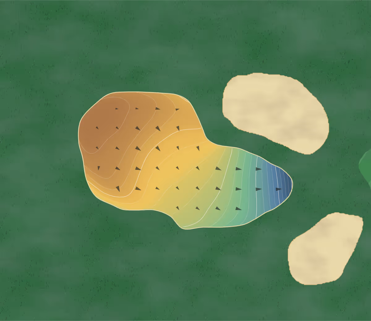 Green contour map of Mount Coolum in Australia — 161 elevation contours at a 8-centimeter interval with fall-line arrows, traced from 1-meter lidar