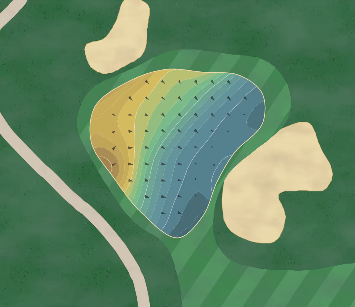 Green contour map of Mountain Meadows in Pomona, California — 250 elevation contours at a 3-inch interval with fall-line arrows, traced from 1-meter lidar