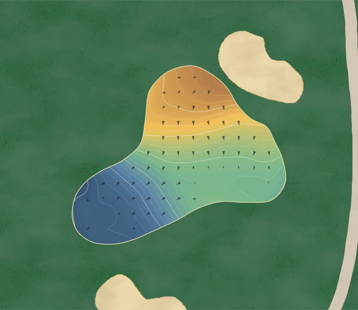 Green contour map of Mountain Ranch in Fairfield Bay, Arkansas: 197 elevation contours at a 3-inch interval with fall-line arrows, traced from 1-meter lidar