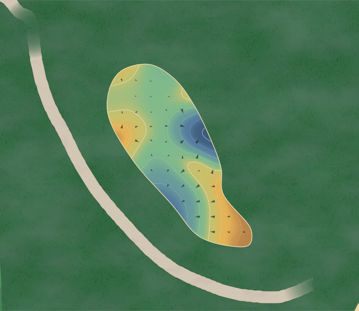 Green contour map of Mountain Shadows in Paradise Valley, Arizona: 7 elevation contours at a 3-inch interval with fall-line arrows, traced from 1-meter lidar
