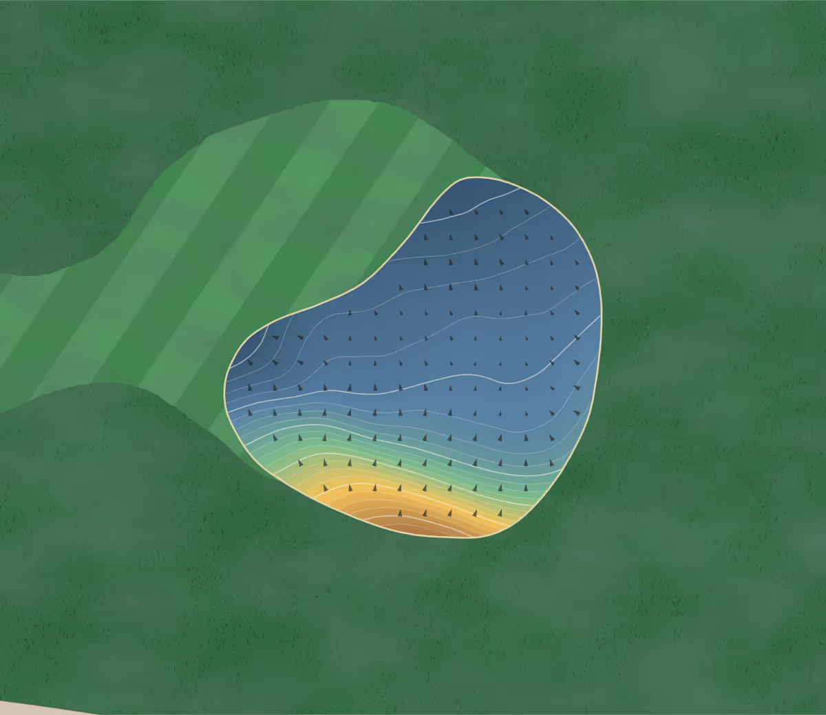 Green contour map of Mountain View in Whitehorse, Canada — 182 elevation contours at a 8-centimeter interval with fall-line arrows, traced from 1-meter lidar