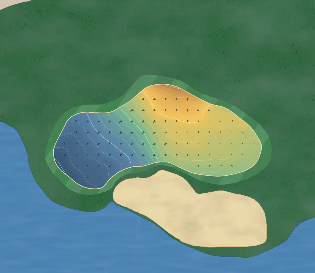 Green contour map of Mozingo Lake in Maryville, Missouri — 224 elevation contours at a 3-inch interval with fall-line arrows, traced from 1-meter lidar