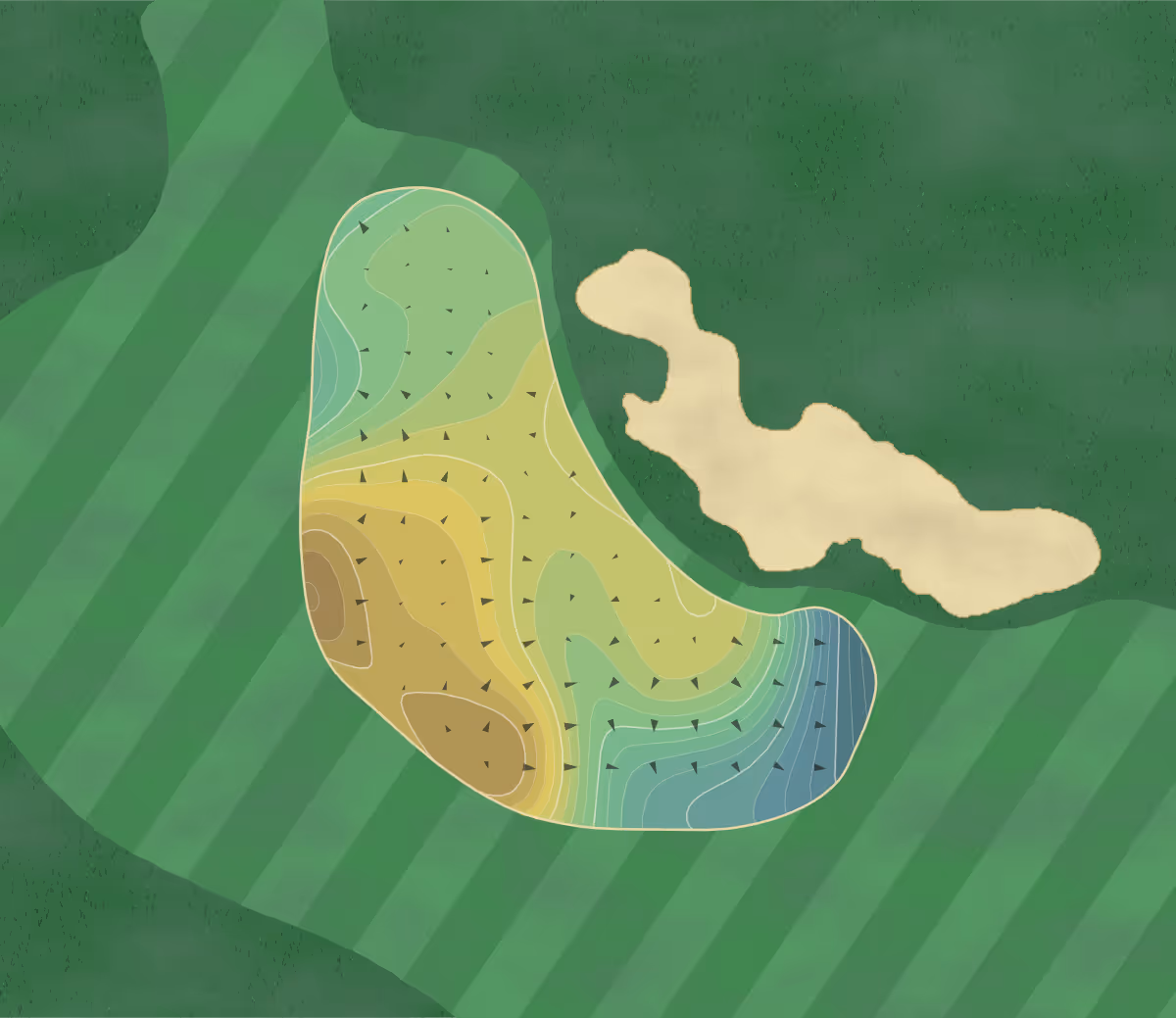 Green contour map of MPCC in Pebble Beach, California — 800 elevation contours at a 3-inch interval with fall-line arrows, traced from 1-meter lidar