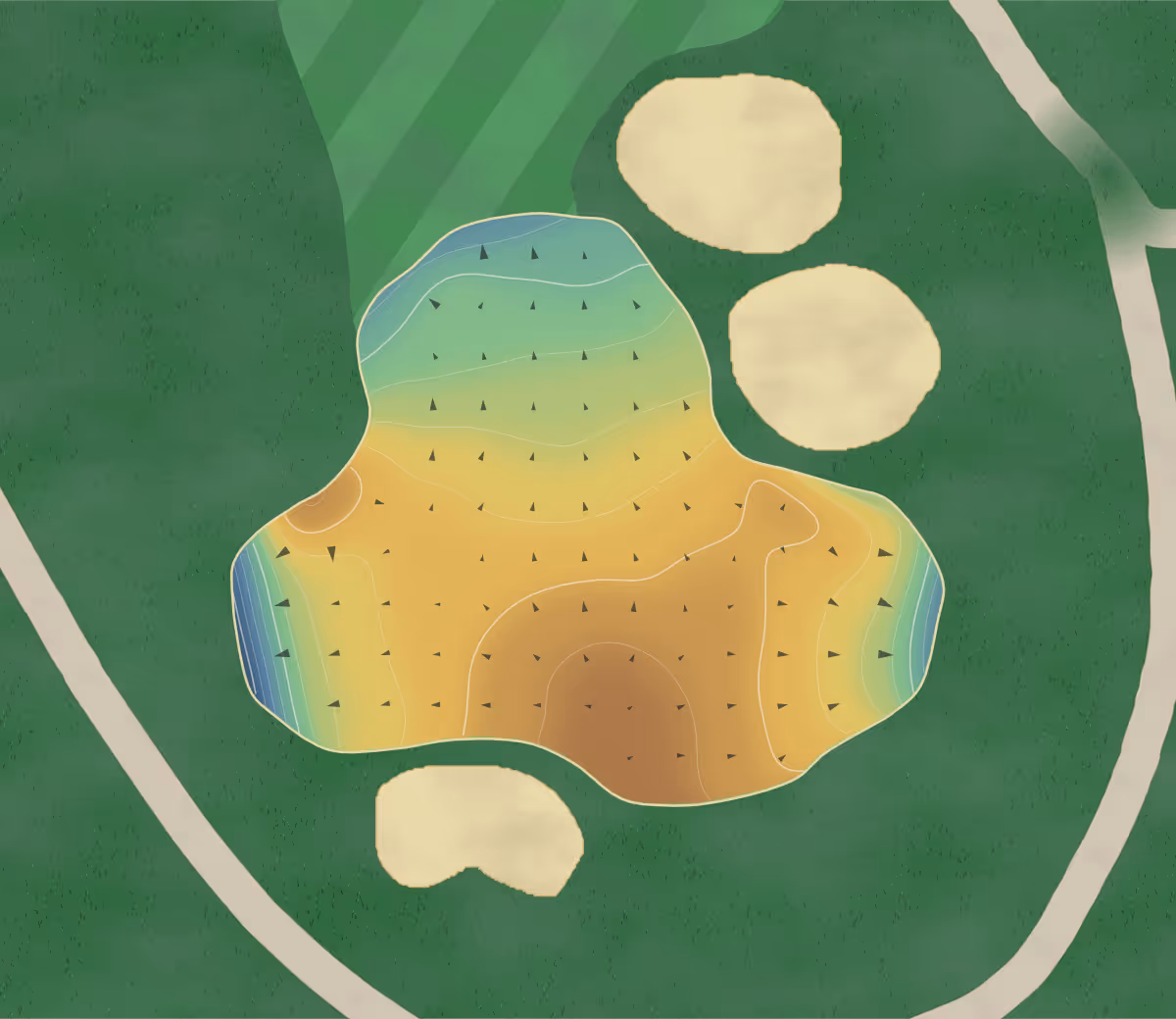 Green contour map of MSU Golf Club in Starkville, Mississippi: 199 elevation contours at a 3-inch interval with fall-line arrows, traced from 1-meter lidar