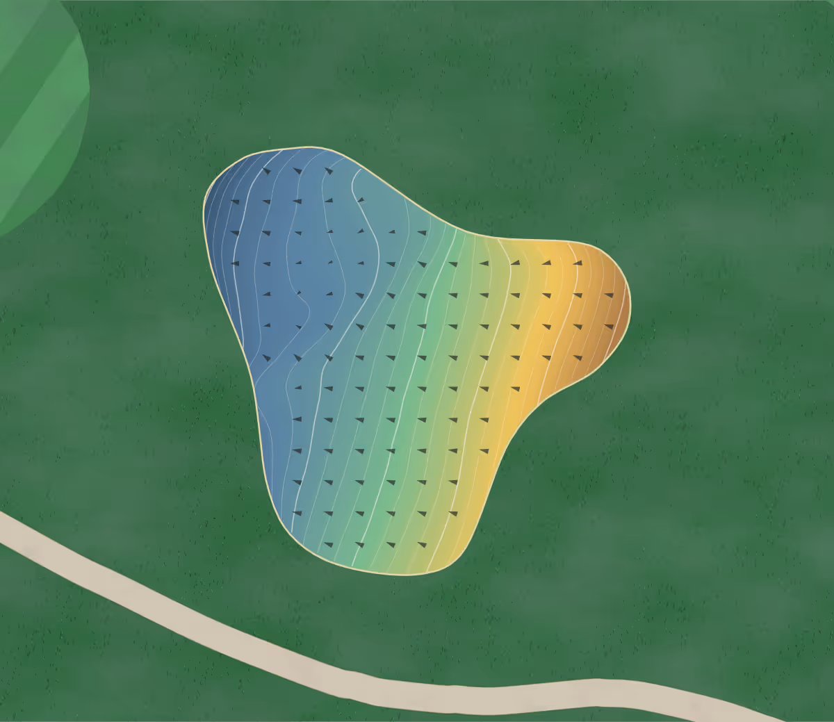 Green contour map of Mt Ogden GC in Ogden, Utah: 281 elevation contours at a 3-inch interval with fall-line arrows, traced from 1-meter lidar