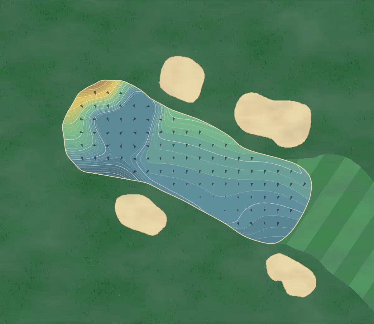 Green contour map of Muirfield Village in Dublin, Ohio — 306 elevation contours at a 3-inch interval with fall-line arrows, traced from 1-meter lidar