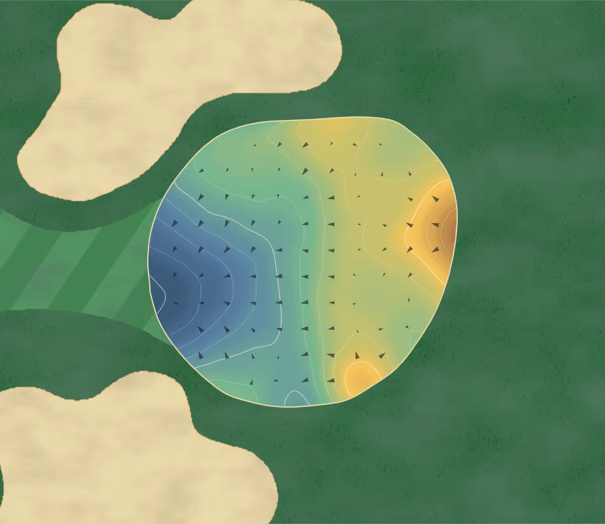 Green contour map of Mulligan's Pointe in Georgetown, Delaware: 44 elevation contours at a 3-inch interval with fall-line arrows, traced from 1-meter lidar