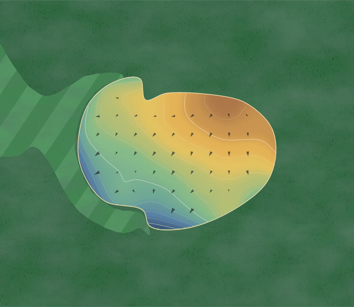Green contour map of Mulligans in Abilene, Texas: 56 elevation contours at a 3-inch interval with fall-line arrows, traced from 1-meter lidar
