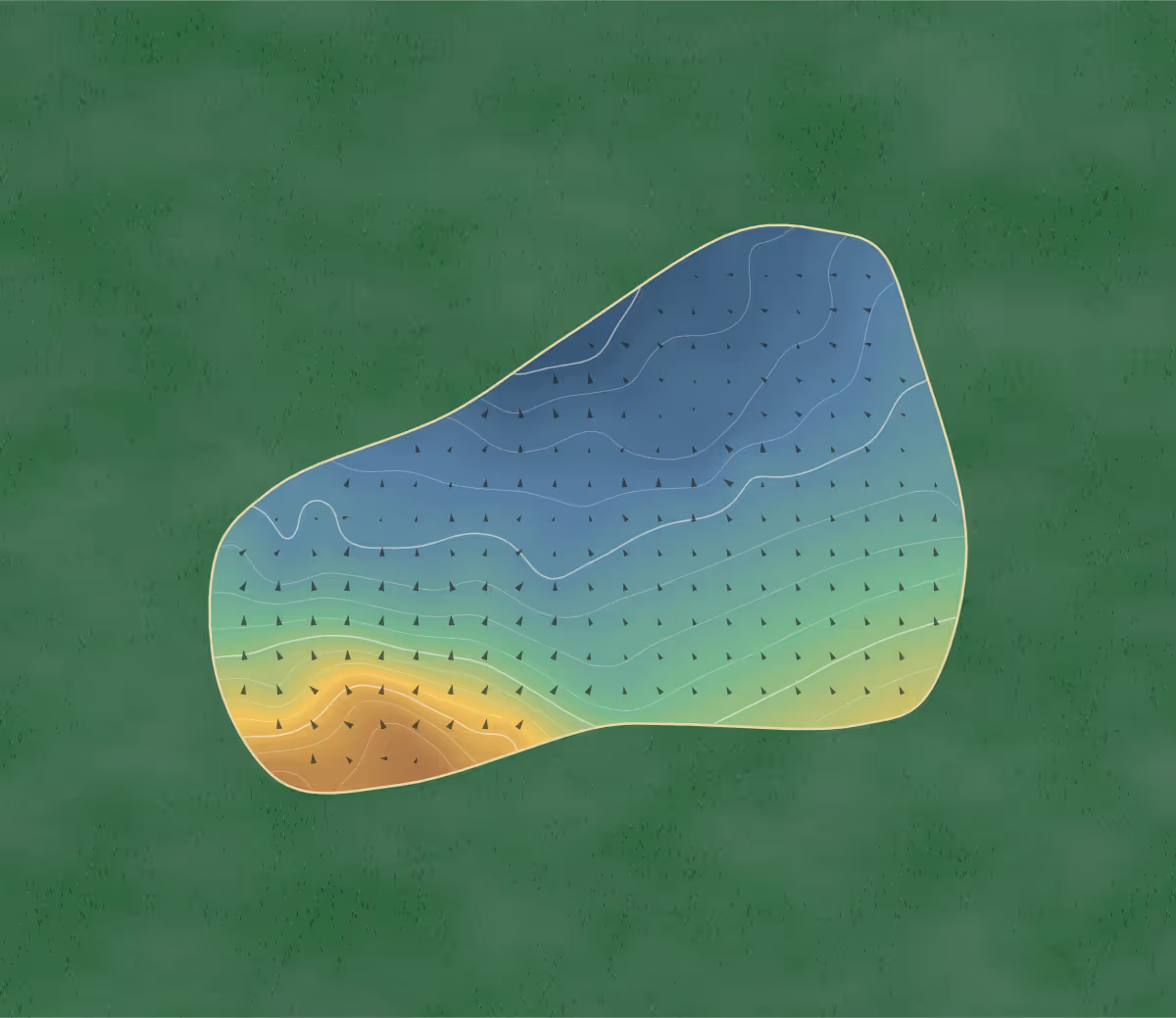 Green contour map of Mullingar in Mullingar, Ireland: 76 elevation contours at a 8-centimeter interval with fall-line arrows, traced from 1-meter lidar