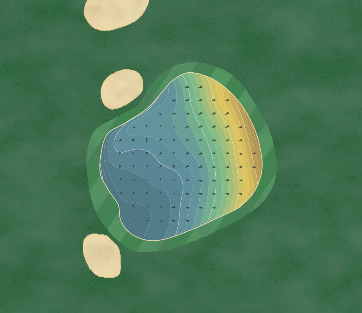 Green contour map of Mullion GC in Helston, England — 225 elevation contours at a 8-centimeter interval with fall-line arrows, traced from 1-meter lidar
