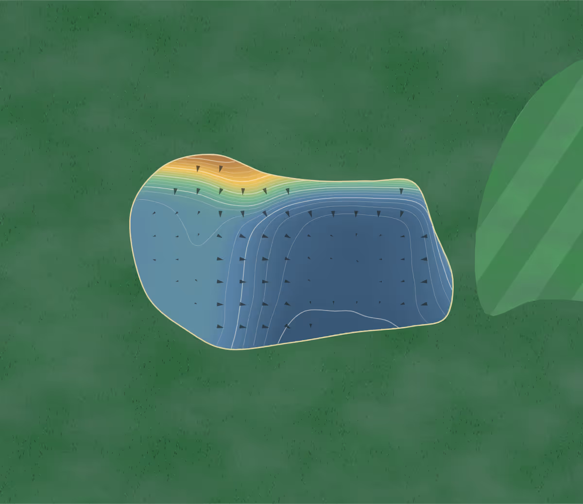 Green contour map of Mundesley in Norwich, England: 116 elevation contours at a 8-centimeter interval with fall-line arrows, traced from 1-meter lidar