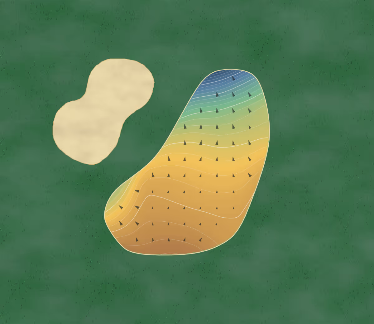 Green contour map of Murou 36 Golf Club in Kamikitayama, Japan: 257 elevation contours at a 8-centimeter interval with fall-line arrows, traced from 1-meter lidar