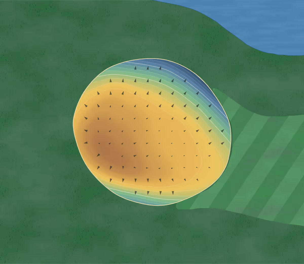 Green contour map of Muscatine Municipal in Muscatine, Iowa: 268 elevation contours at a 3-inch interval with fall-line arrows, traced from 1-meter lidar