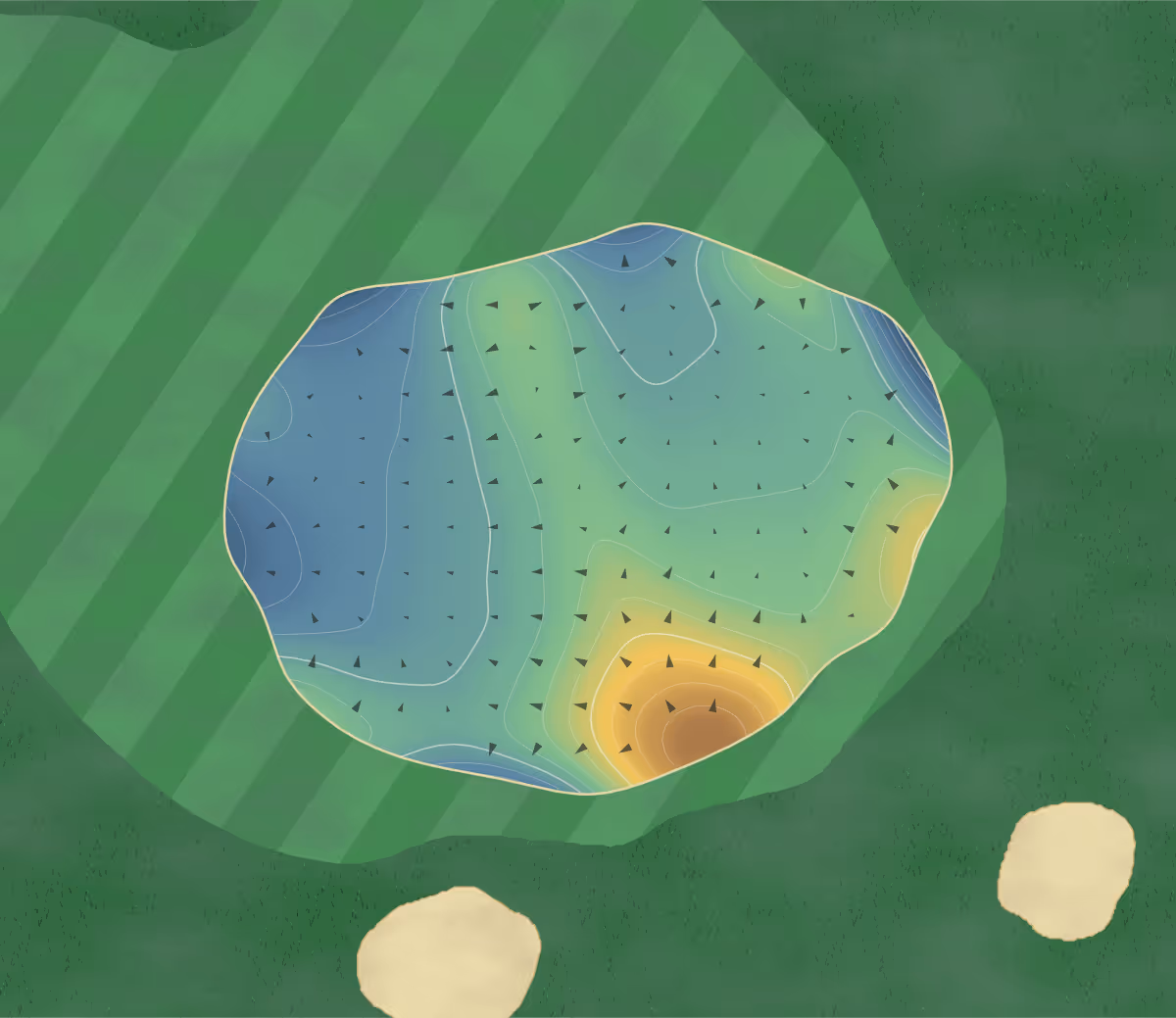 Green contour map of Muskoka Highlands Golf Club in Bracebridge, Canada — 250 elevation contours at a 8-centimeter interval with fall-line arrows, traced from 1-meter lidar