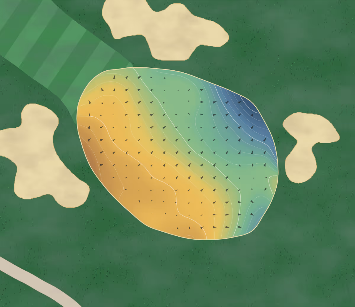 Green contour map of Musqueam Golf Academy in Vancouver, Canada — 121 elevation contours at a 8-centimeter interval with fall-line arrows, traced from 1-meter lidar