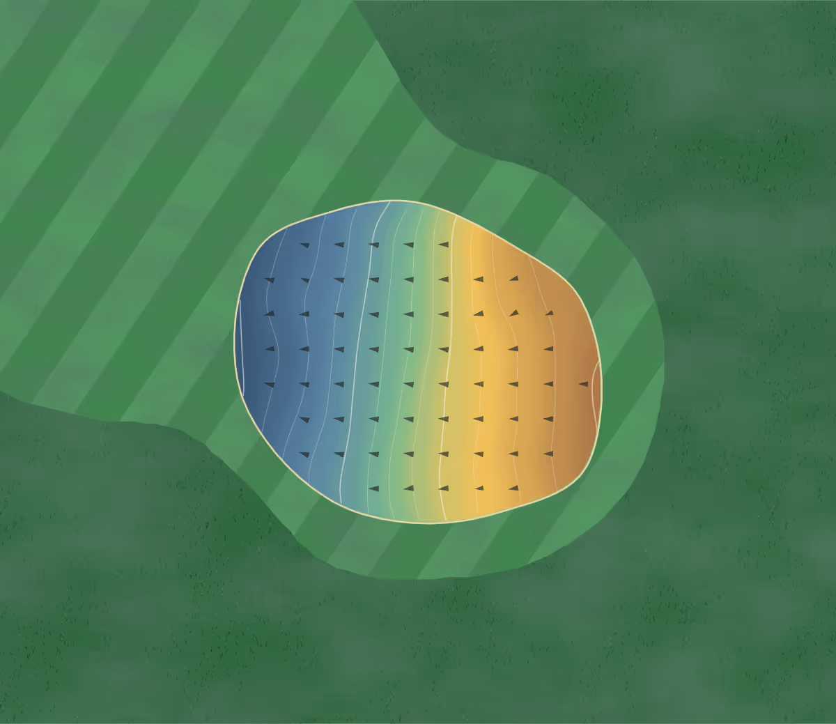 Green contour map of Myerscough College in Preston, England: 61 elevation contours at a 8-centimeter interval with fall-line arrows, traced from 1-meter lidar