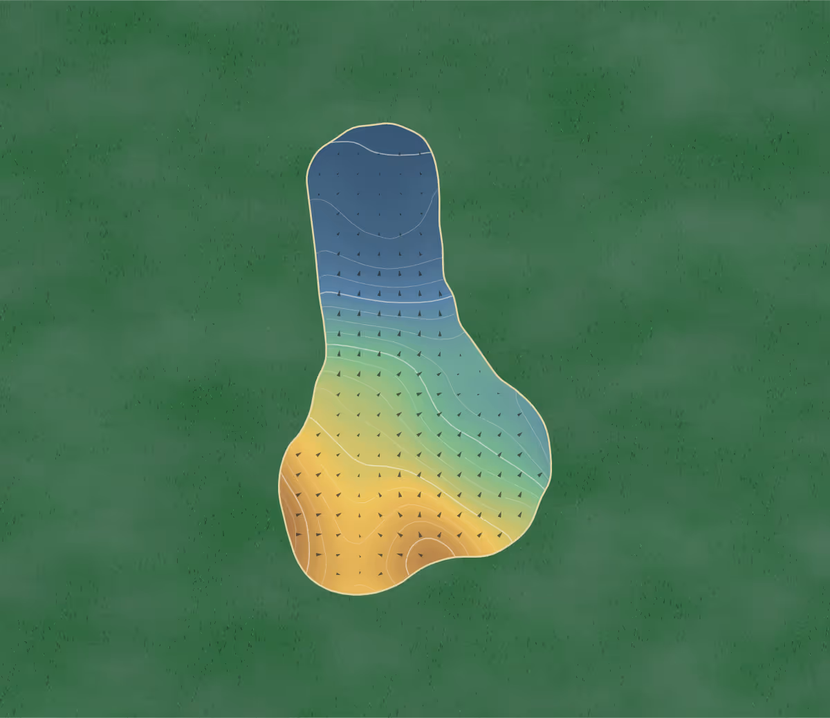 Green contour map of Naas in Naas, Ireland — 41 elevation contours at a 8-centimeter interval with fall-line arrows, traced from 1-meter lidar