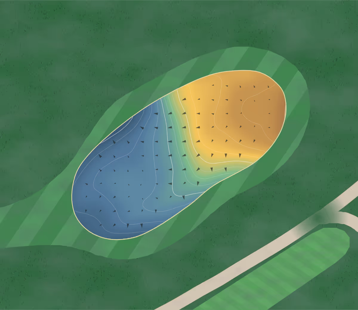 Green contour map of Nackawic in Nackawic, Canada — 68 elevation contours at a 8-centimeter interval with fall-line arrows, traced from 1-meter lidar