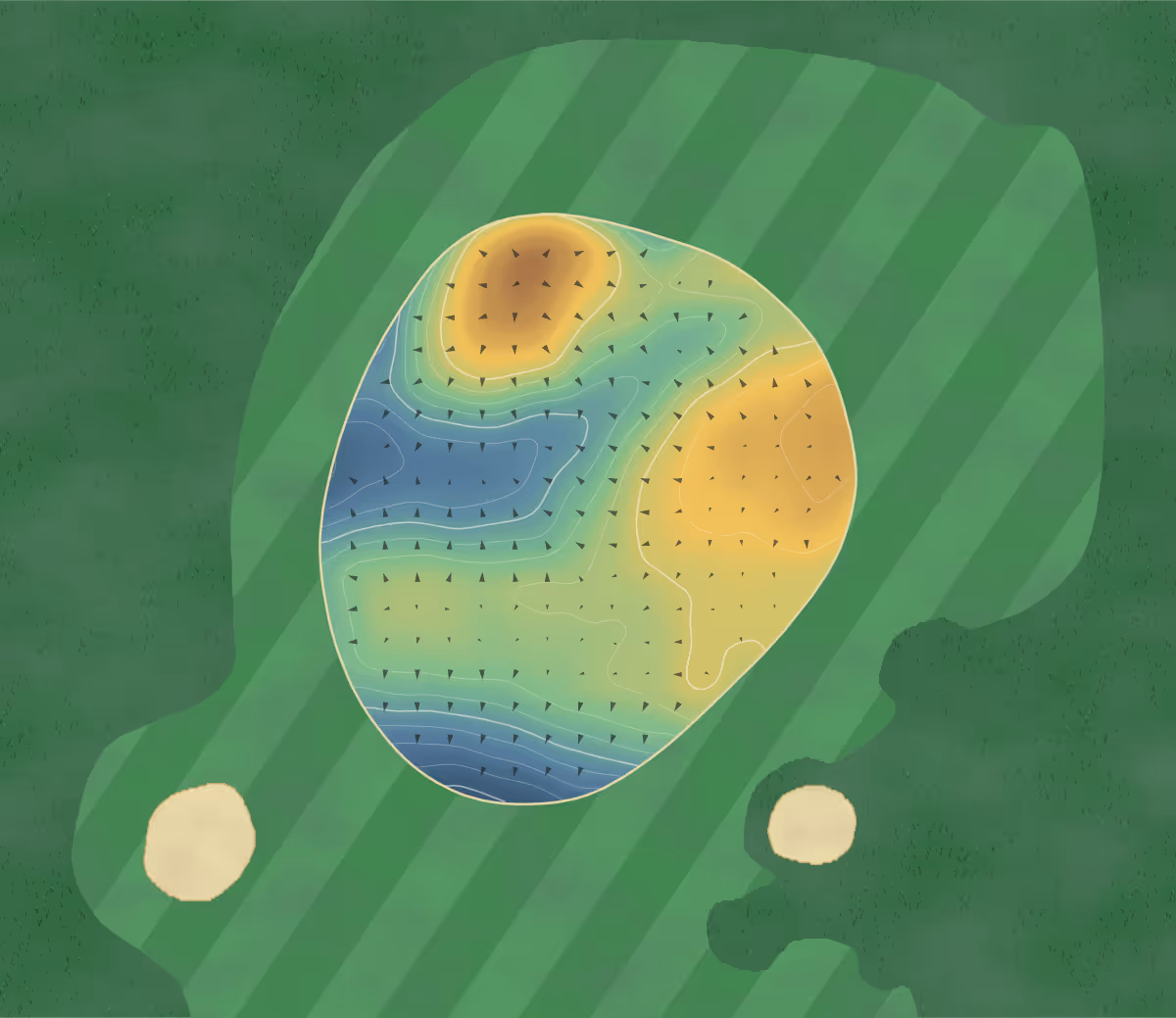Green contour map of Nairn in Nairn, Scotland — 156 elevation contours at a 8-centimeter interval with fall-line arrows, traced from 1-meter lidar