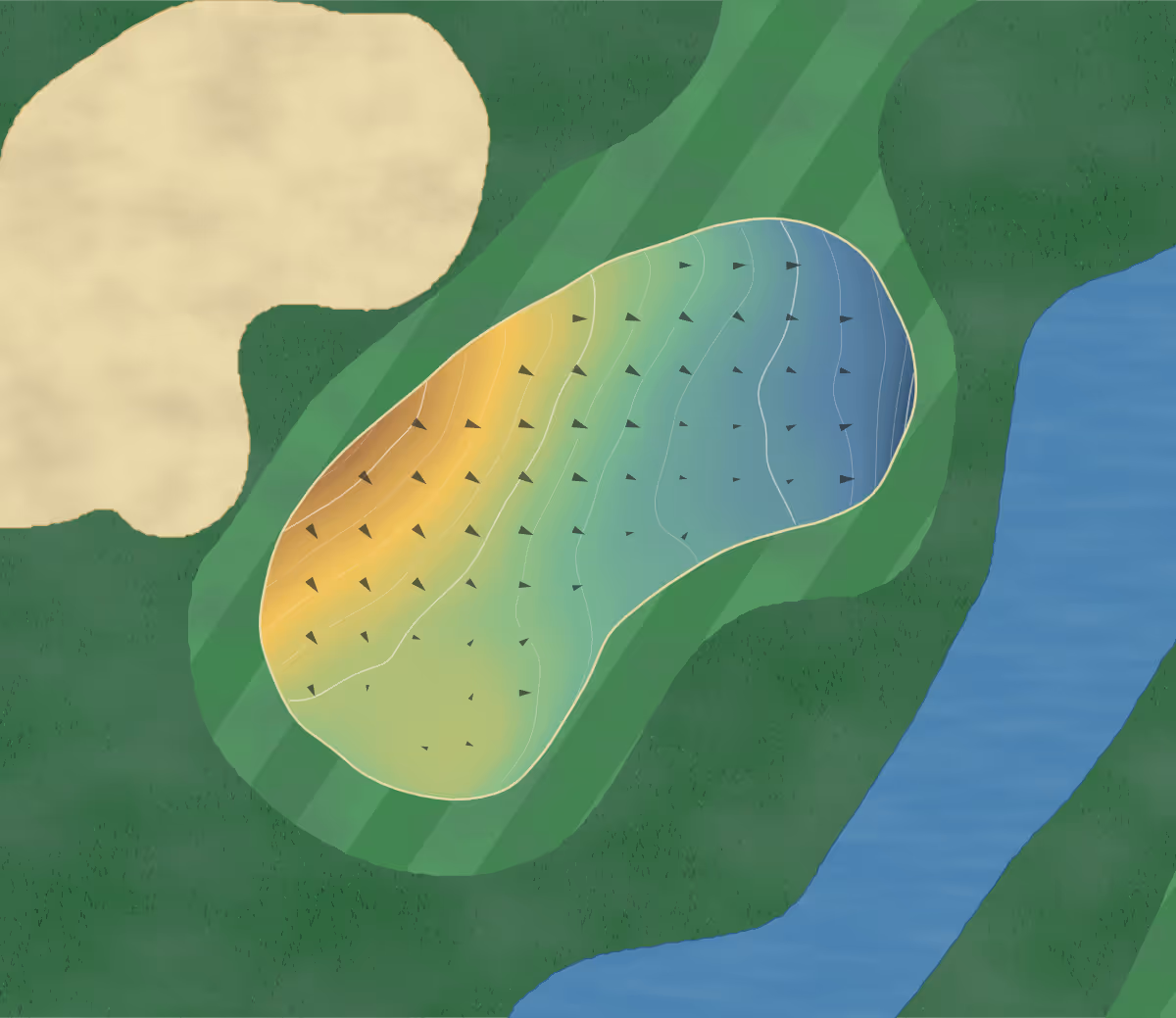 Green contour map of Nambucca Heads Island in Nambucca Heads, Australia — 108 elevation contours at a 8-centimeter interval with fall-line arrows, traced from 1-meter lidar