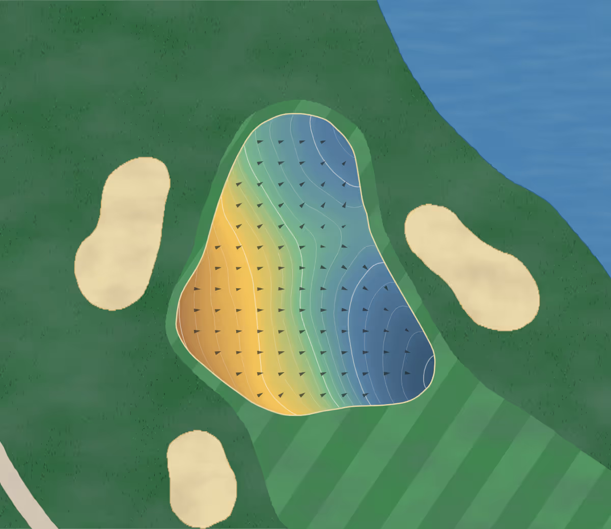 Green contour map of Nanaimo in Nanaimo, Canada — 208 elevation contours at a 8-centimeter interval with fall-line arrows, traced from 1-meter lidar