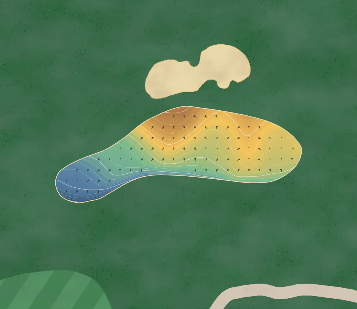Green contour map of The National in Woodbridge, Canada — 242 elevation contours at a 8-centimeter interval with fall-line arrows, traced from 1-meter lidar