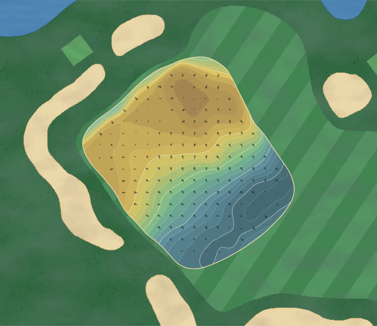 Green contour map of National Golf Links in Southampton, New York — 291 elevation contours at a 3-inch interval with fall-line arrows, traced from 1-meter lidar
