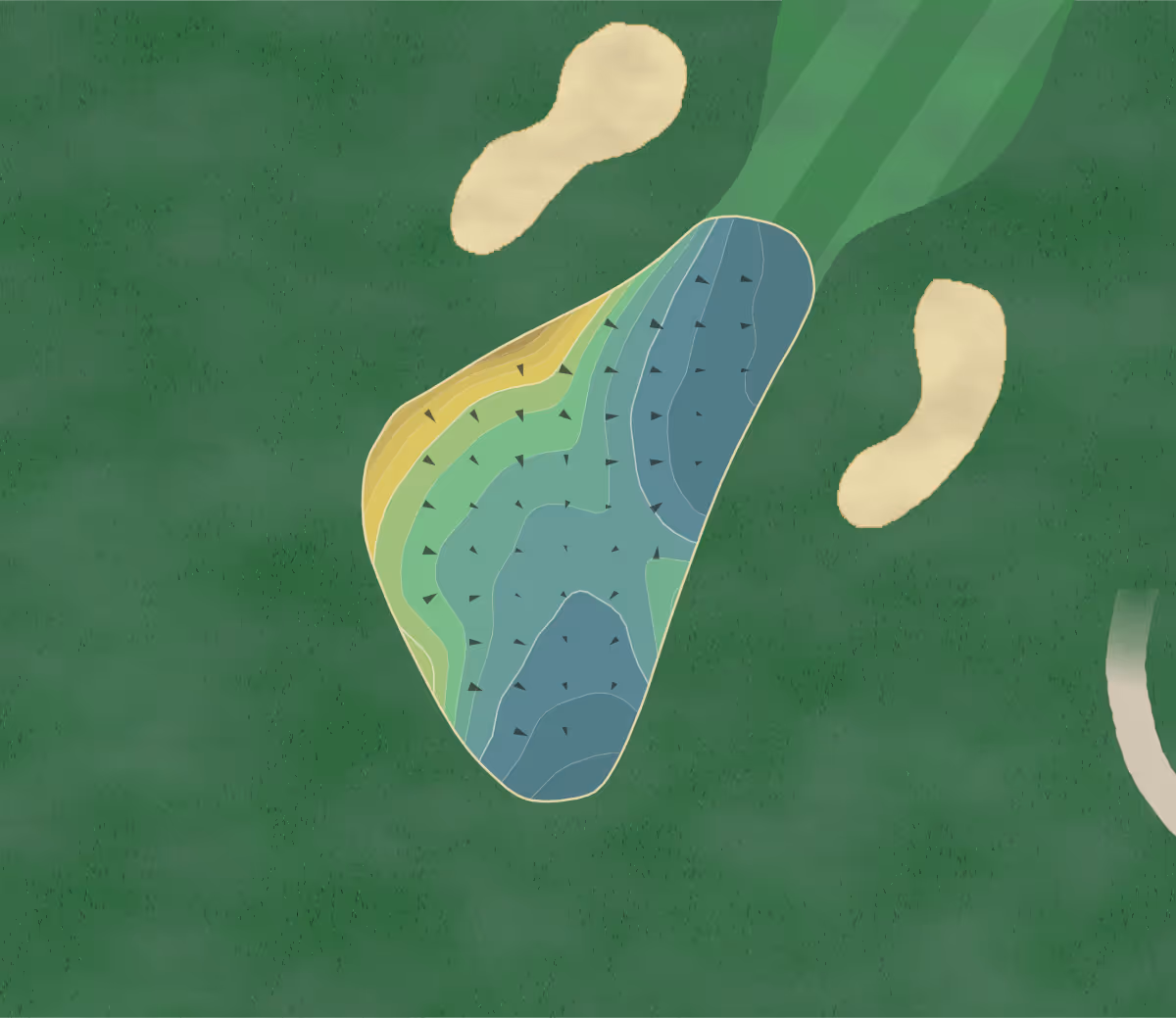Green contour map of Needham GC in Needham, Massachusetts — 131 elevation contours at a 3-inch interval with fall-line arrows, traced from 1-meter lidar
