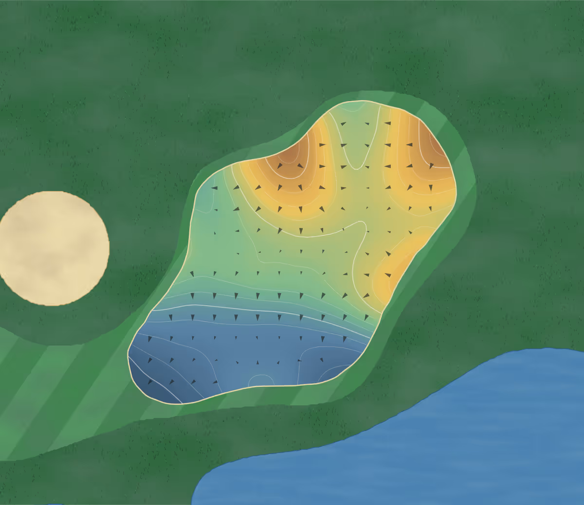 Green contour map of New Albany Links in New Albany, Ohio — 202 elevation contours at a 3-inch interval with fall-line arrows, traced from 1-meter lidar
