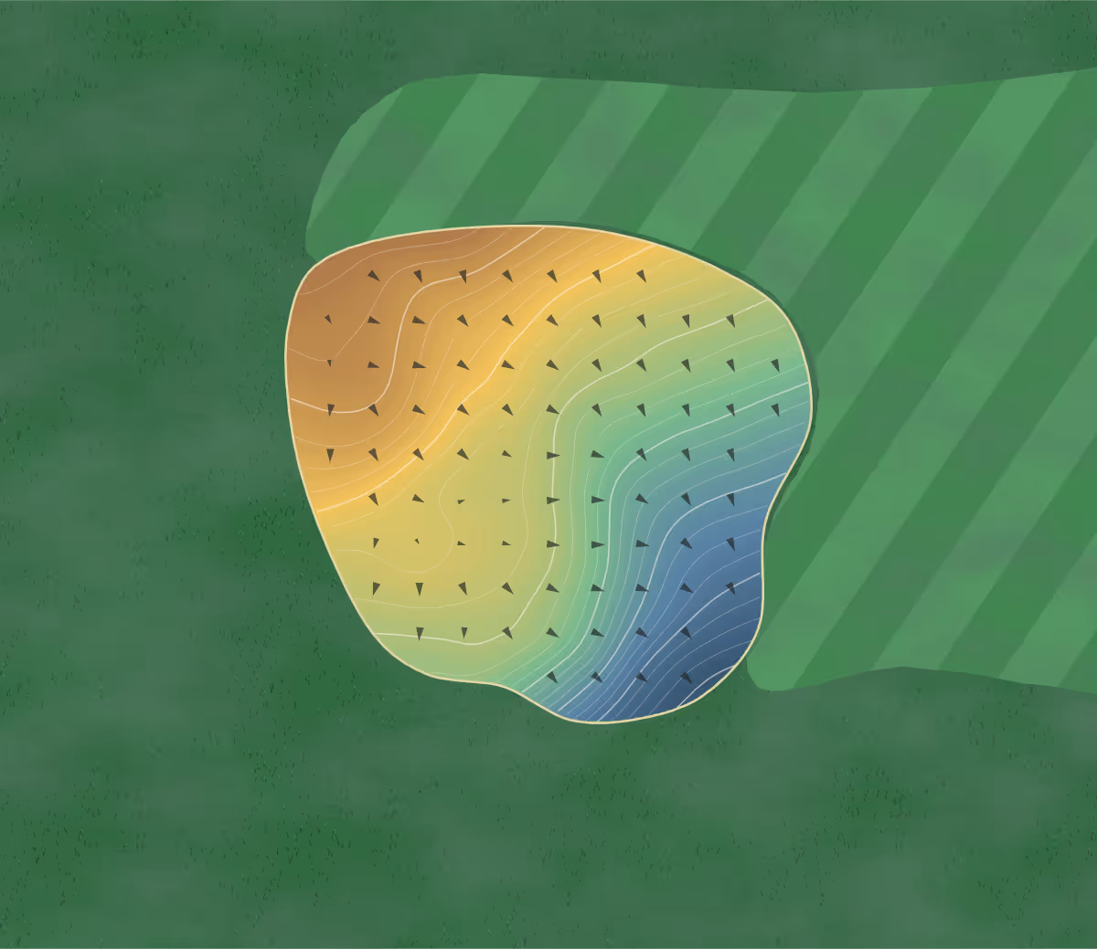 Green contour map of New Salem GC in New Salem, North Dakota: 162 elevation contours at a 3-inch interval with fall-line arrows, traced from 1-meter lidar