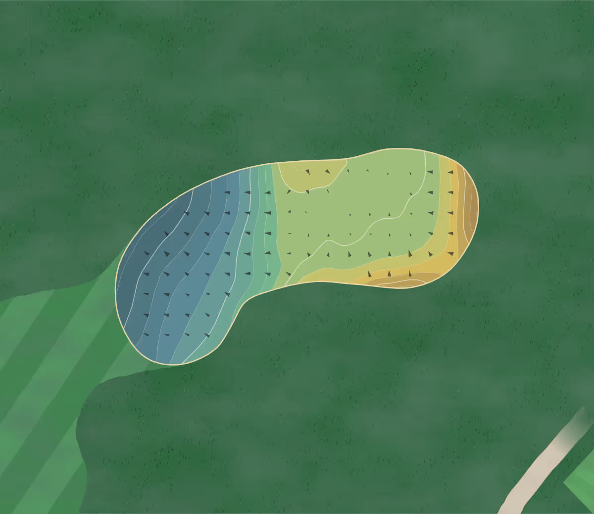 Green contour map of New Zealand in Addlestone, England — 135 elevation contours at a 8-centimeter interval with fall-line arrows, traced from 1-meter lidar
