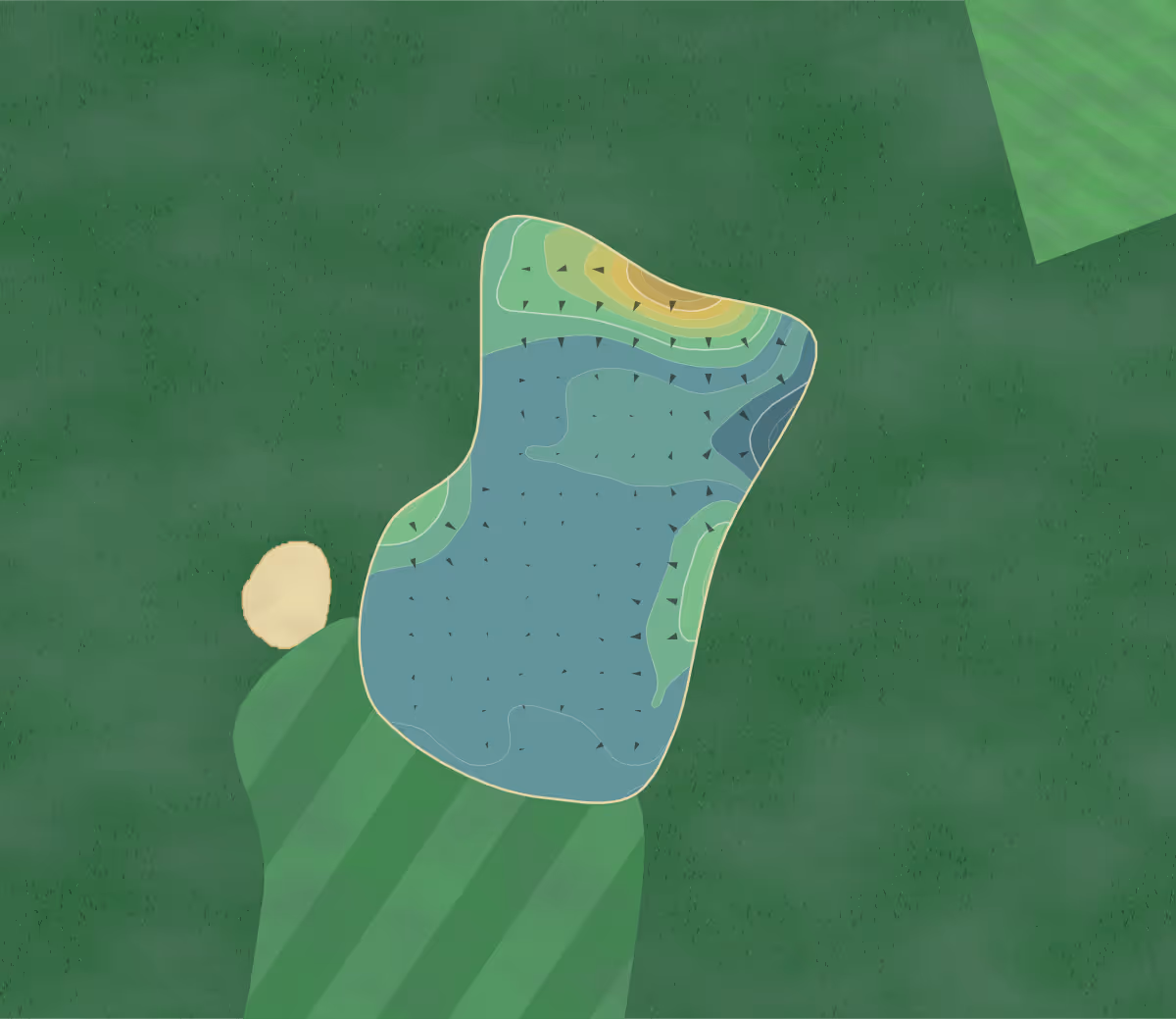 Green contour map of Newark GC in Newark, England — 141 elevation contours at a 8-centimeter interval with fall-line arrows, traced from 1-meter lidar