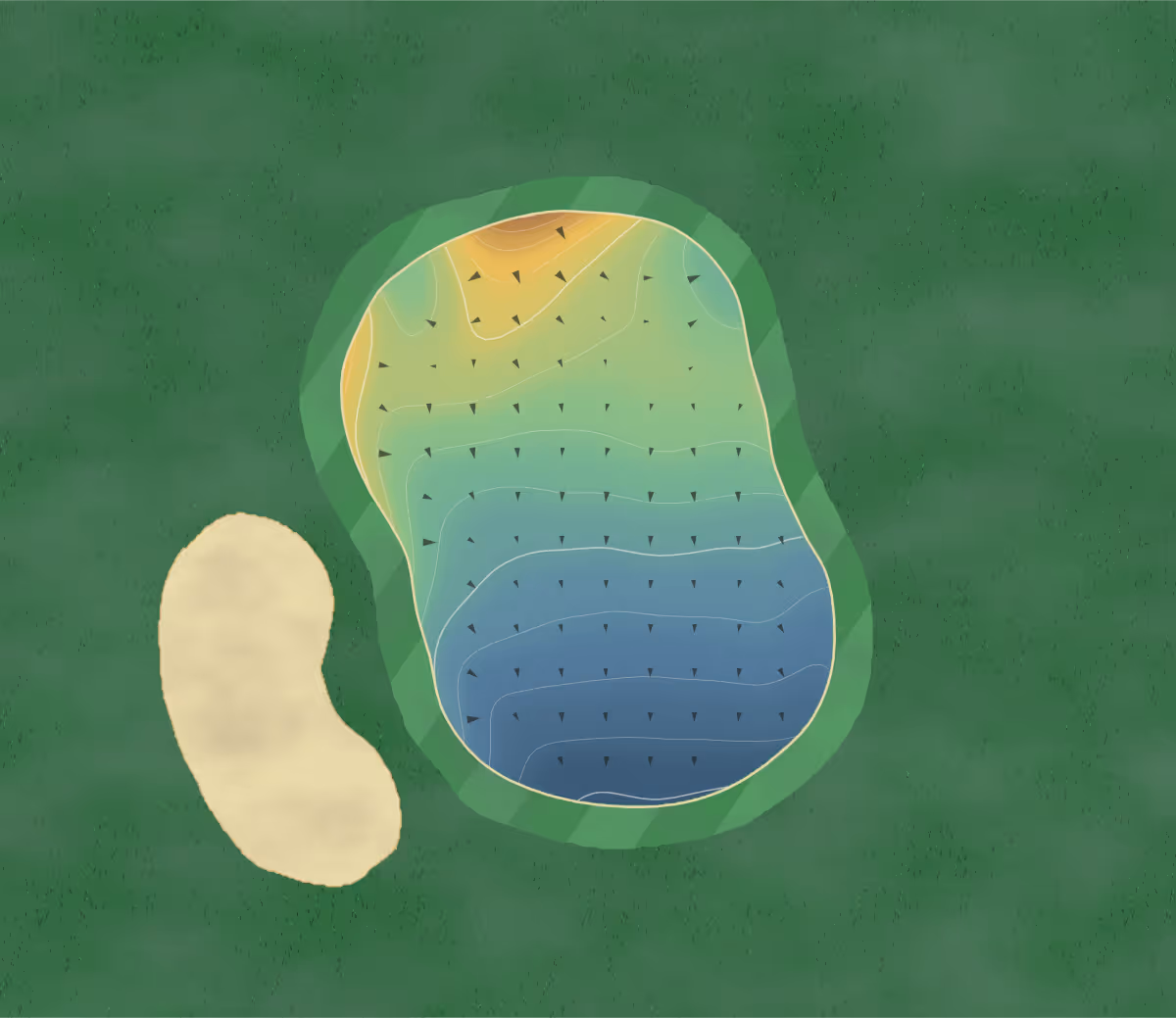 Green contour map of Newburg Village Golf Club in Cherry Valley, Illinois — 80 elevation contours at a 3-inch interval with fall-line arrows, traced from 1-meter lidar