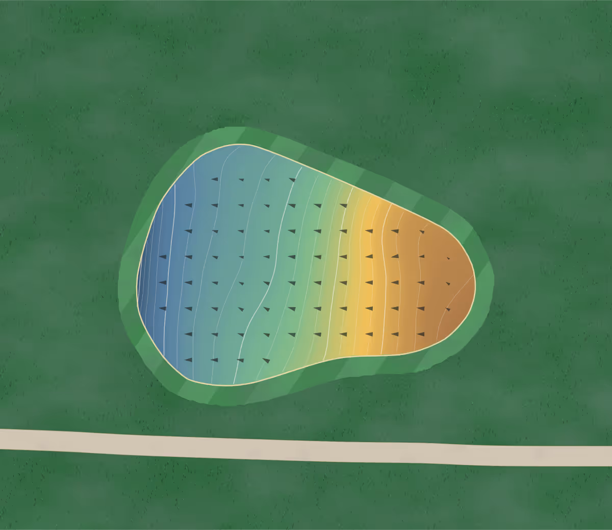 Green contour map of Newlands in Langley, Canada — 175 elevation contours at a 8-centimeter interval with fall-line arrows, traced from 1-meter lidar