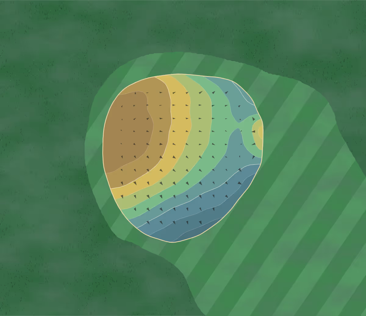 Green contour map of Newton Green in Sudbury, England — 132 elevation contours at a 8-centimeter interval with fall-line arrows, traced from 1-meter lidar