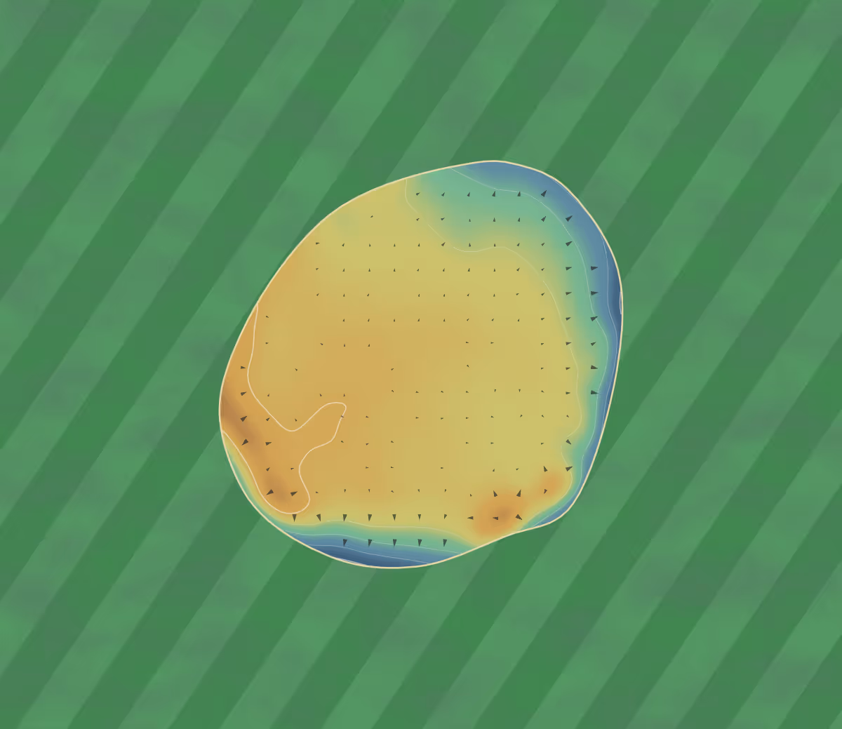 Green contour map of Newtonmore in Newtonmore, Scotland — 79 elevation contours at a 8-centimeter interval with fall-line arrows, traced from 1-meter lidar