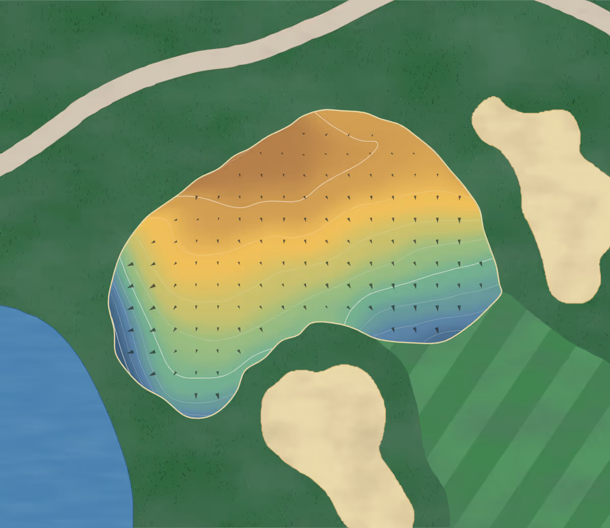 Green contour map of Niagara National in Stevensville, Canada: 141 elevation contours at a 8-centimeter interval with fall-line arrows, traced from 1-meter lidar