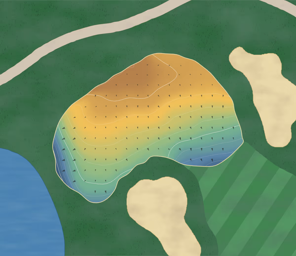 Green contour map of Niagara National in Stevensville, Canada — 141 elevation contours at a 8-centimeter interval with fall-line arrows, traced from 1-meter lidar