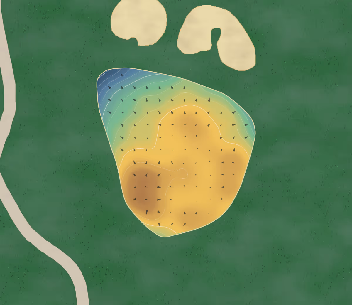 Green contour map of Niakwa in Winnipeg, Canada — 165 elevation contours at a 8-centimeter interval with fall-line arrows, traced from 1-meter lidar