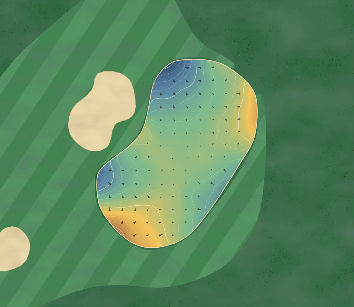 Green contour map of Nicklaus Golf Club at in Overland Park, Kansas — 175 elevation contours at a 3-inch interval with fall-line arrows, traced from 1-meter lidar