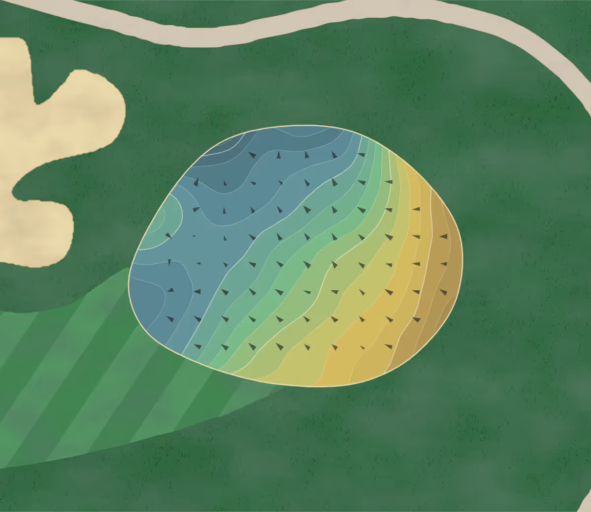 Green contour map of Nissequogue in St. James, New York — 251 elevation contours at a 3-inch interval with fall-line arrows, traced from 1-meter lidar