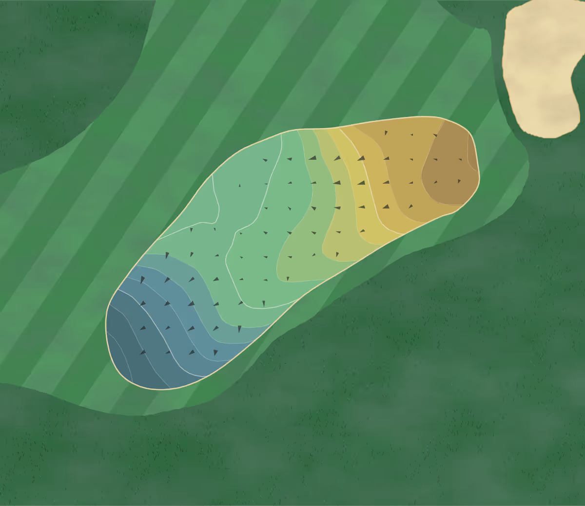 Green contour map of Norman Course in N. Myrtle Beach, South Carolina — 133 elevation contours at a 3-inch interval with fall-line arrows, traced from 1-meter lidar