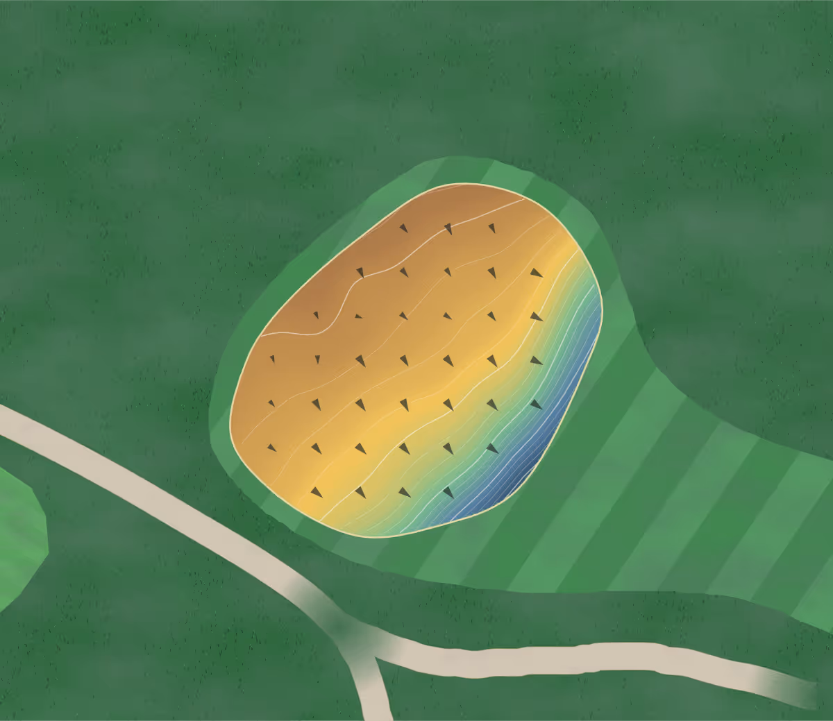 Green contour map of North Adelaide in Strangways Terrace, Australia — 136 elevation contours at a 8-centimeter interval with fall-line arrows, traced from 1-meter lidar