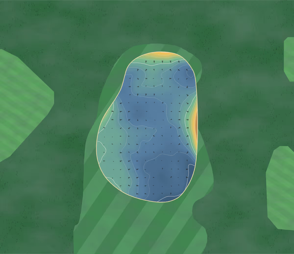 Green contour map of North Gailes in Irvine, Scotland: 79 elevation contours at a 8-centimeter interval with fall-line arrows, traced from 1-meter lidar